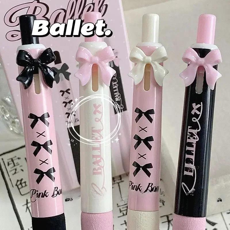 4pcs/box Sweet Chic Korean Gel Pen for Girls Black Pink White Bow Stationery Gel Pen 0.5mm Black Ink Pen for Writing School