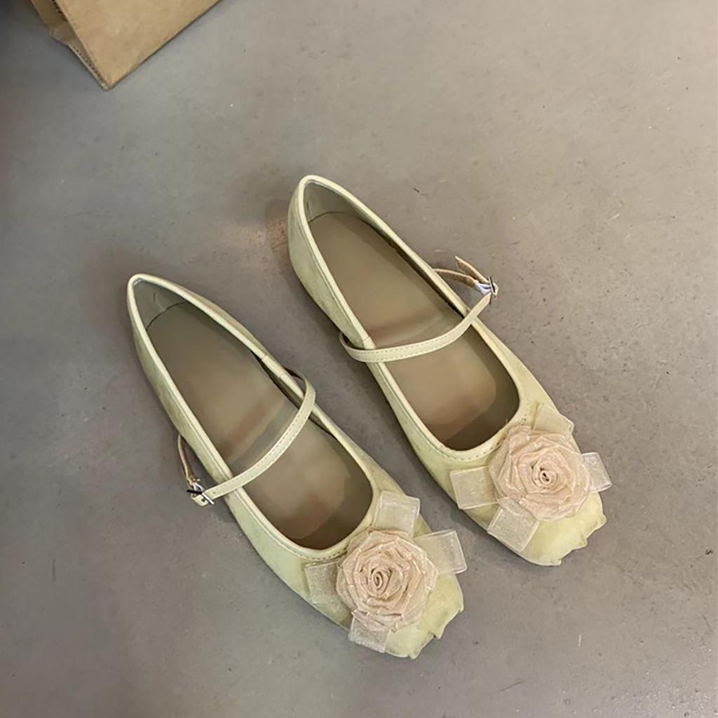 New Chinese Flower Gentle Wind Shallow Mouth Single Shoes Women's 2025 New Square Head French One-word Buckle Flat Mary Jane Shoes