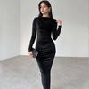 Women's Spring Fashion Solid Color Slim Fit Pleated Round Neck Long Sleeved Evening Dresses