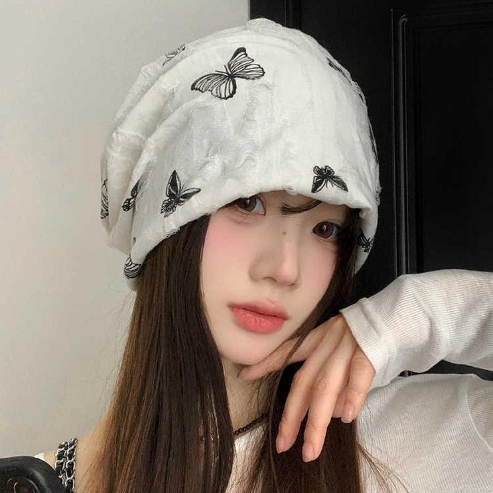 Thickened Butterfly Print Beanies Holes Plush Pullover Hat Soft Fleece Beanies Outdoor