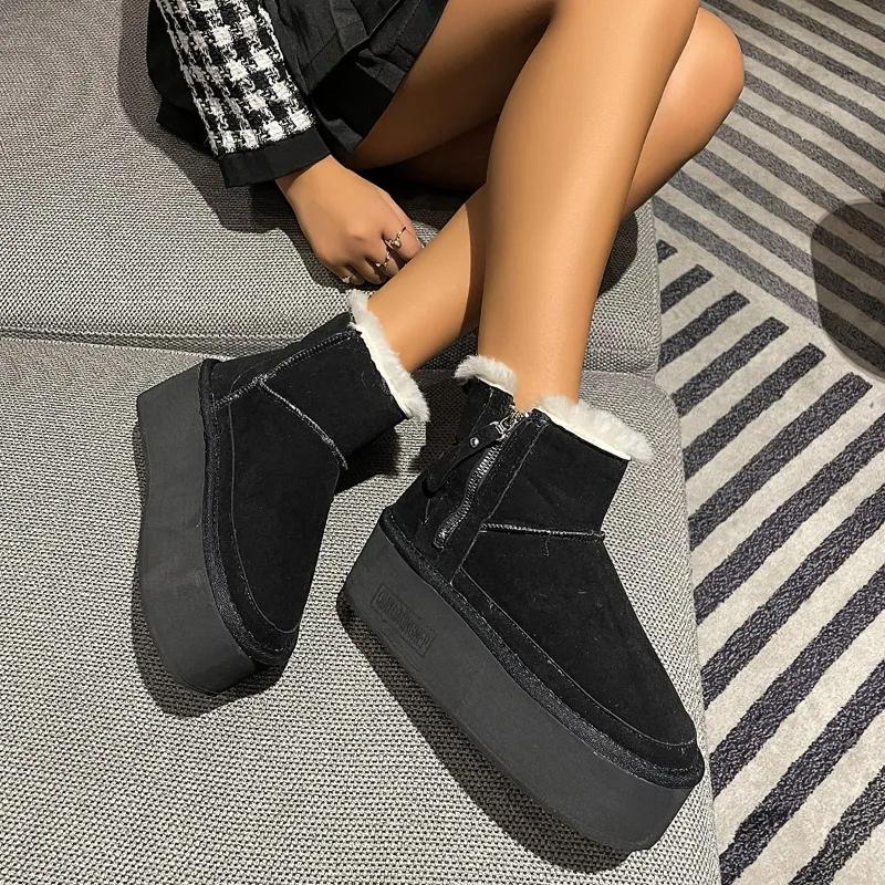 2024 Новые однотонные туфли на толстой подошве, хит продаж, женские сапоги с рукавами, зимние плюшевые теплые короткие зимние сапоги с круглым носком