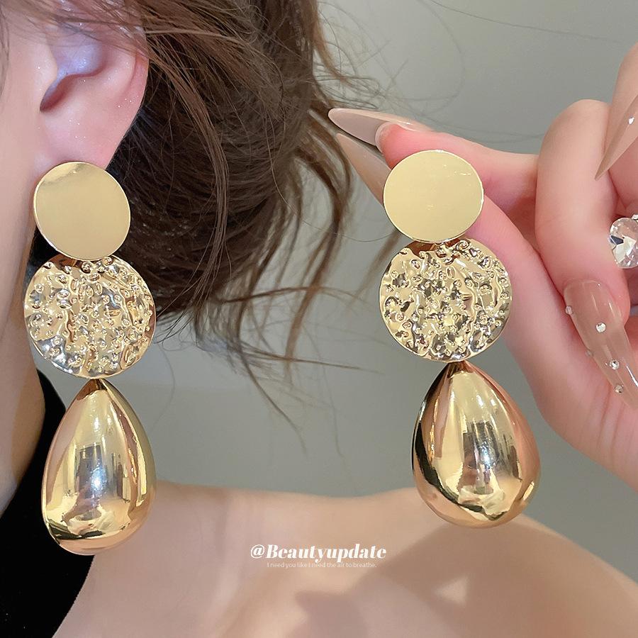 Silver Needle Metal Glossy Round Folded Water Drop Earrings Premium Ins Niche Temperament Fashion Earrings