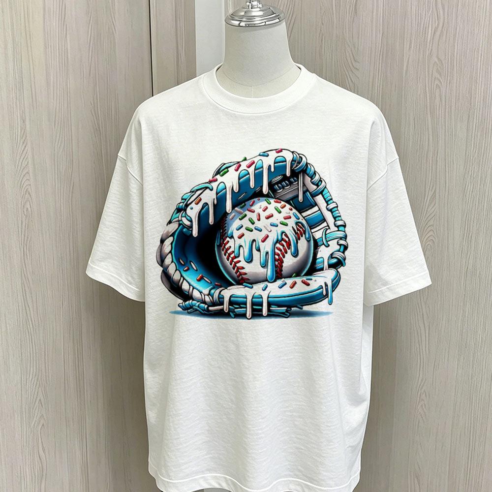 Dripping Donut Baseball Glove Graphic T Shirt Unisex Oversized Short Sleeve Tees Soft Cotton Colorful Sprinkles Baseball Print