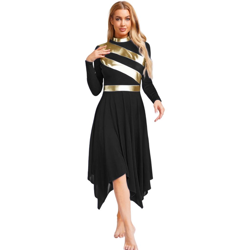 Metallic Patchwork Dress for Women Long Sleeve Worship Praise Tunic Irregular Hem Dance Costume