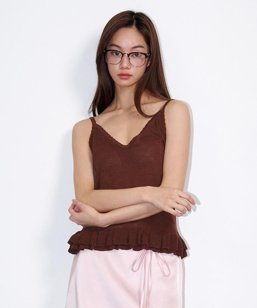 OPENING SUNSHINE Sleeveless Frill Linen Knit Top Brown