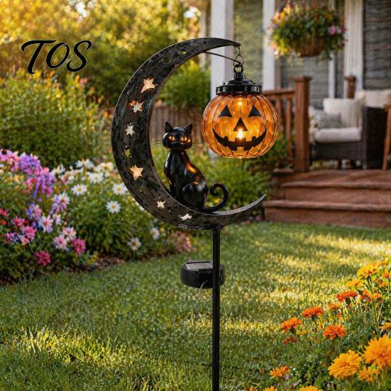 Waterproof Solar Lantern for Halloween Black Cat Moon Stake Light, Metal Pumpkin with Retro Iron Crescent Light Warm Glow, Spooky Yard Decor
