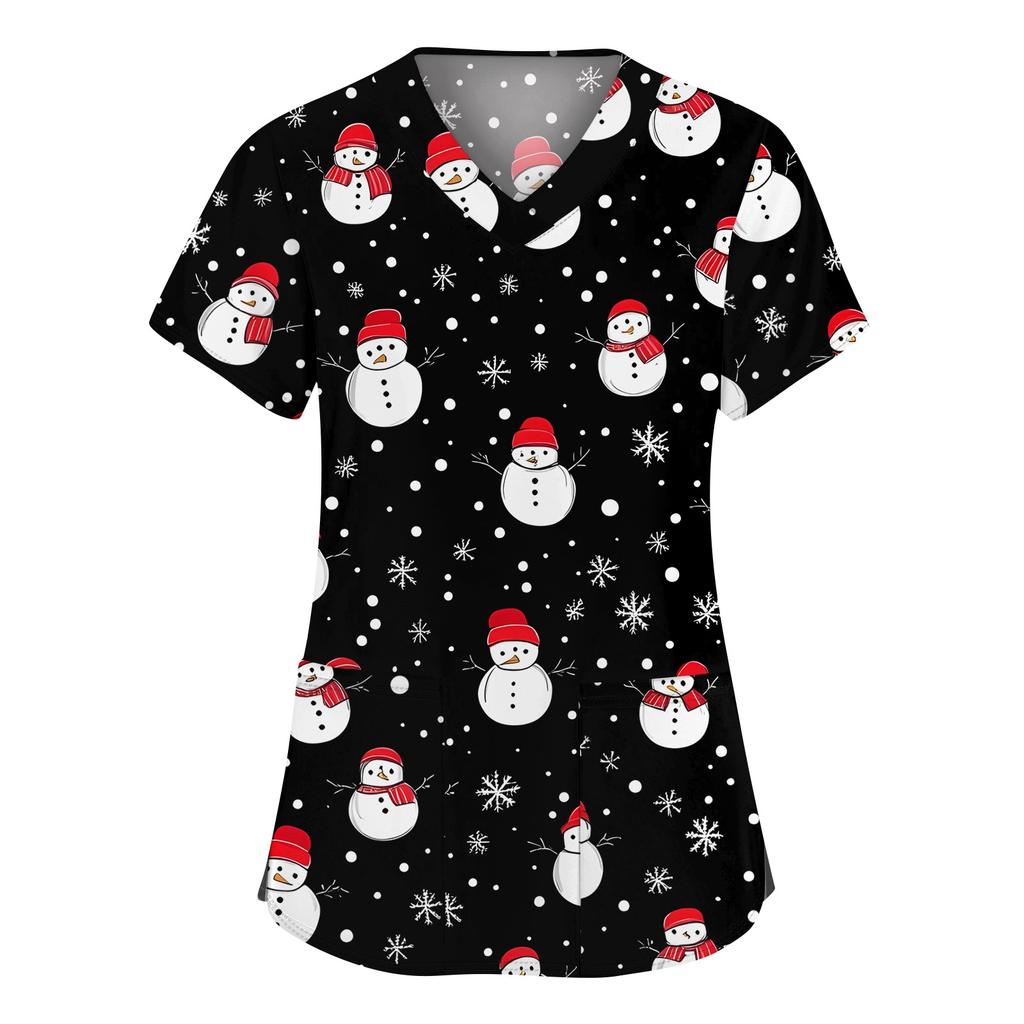 Women's Fashion V-neck Short Sleeve Workwear With Pockets Christmas Printed Tops