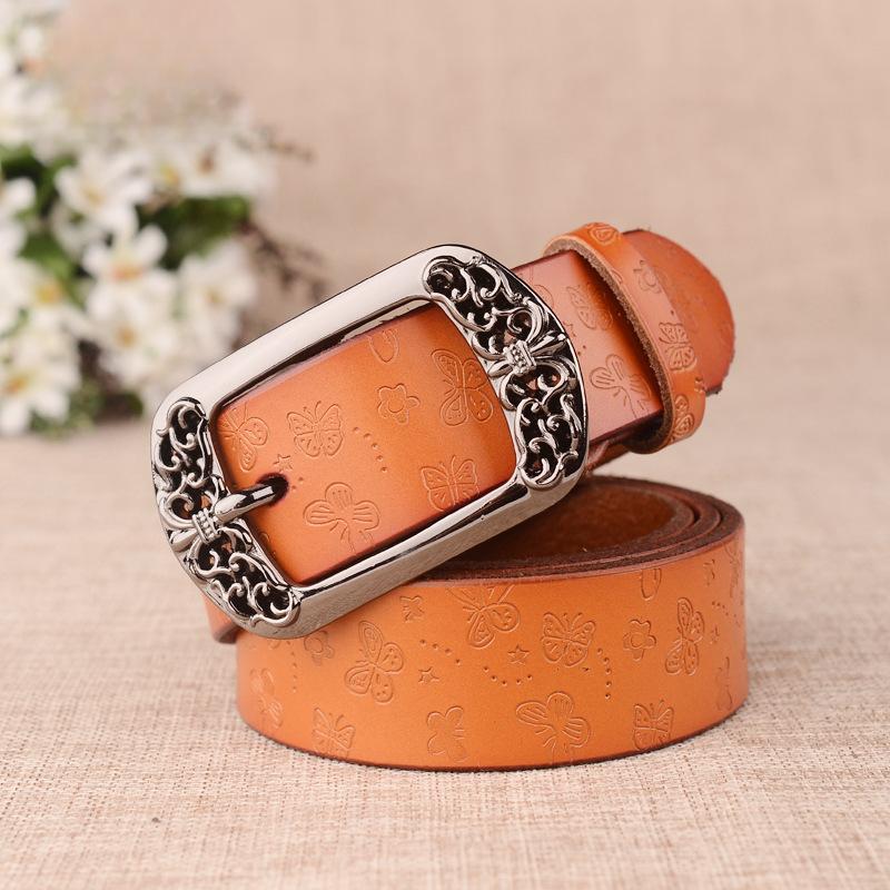 Women's Vintage Engraved Pin Buckle Genuine Cowhide Leather Belt - Versatile Casual Retro Waist Accessory