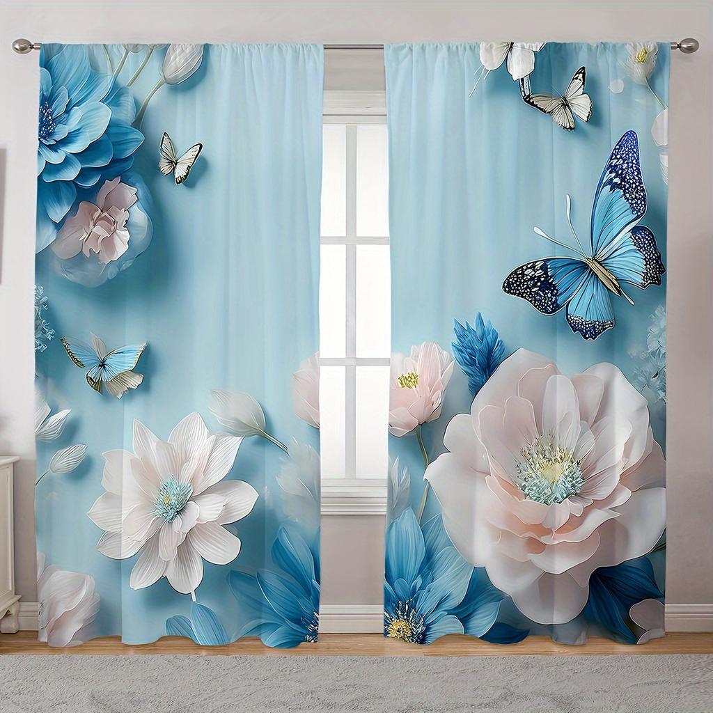2pcs Classic Style Flower & Butterfly Print Curtains Artistic Window Drapes for Living Room Kitchen Bedroom Study Dining Room