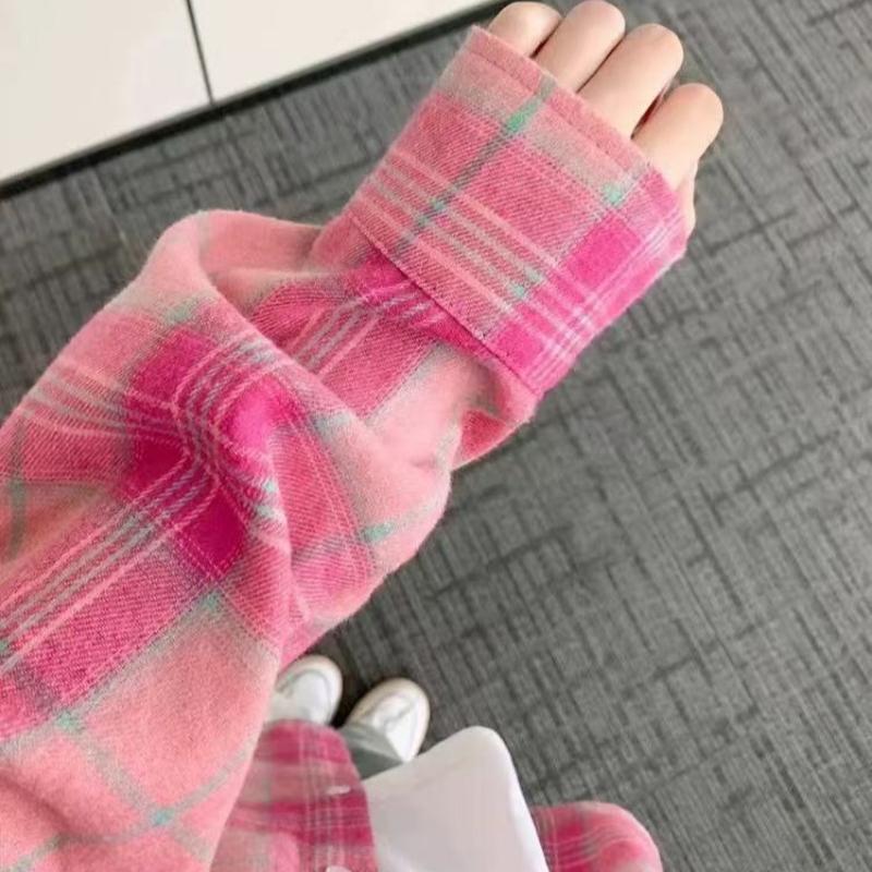 Fashion Pink Plaid Casual Loose Shirts Women Spring Summer New Tops Long Sleeve Women's Blouses Elegant Single Breasted Slim Simple Office Shirt 26116