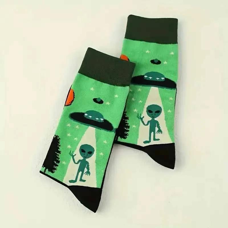 Трендовые Унисекс Мультяшные Носки с Изображением Кота, Коровы, НЛО, Забавного Инопланетянина, Планеты, Удобные Осенне-Зимние Креативные Теплые Хлопковые Носки для Хэллоуина
