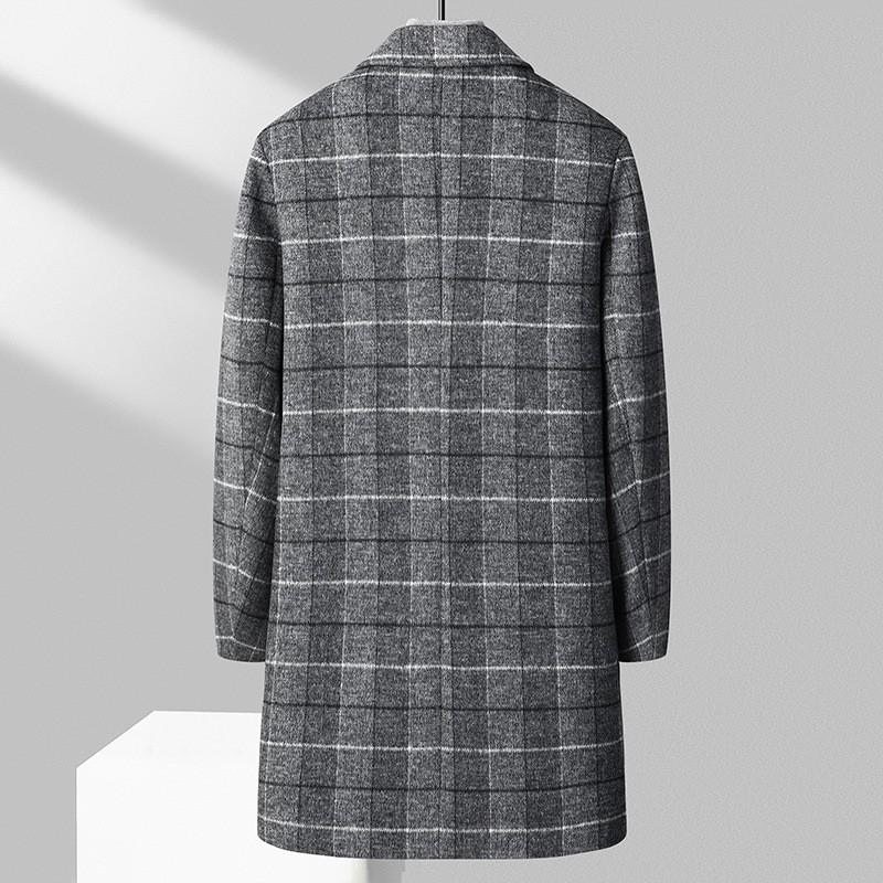 Мужское клетчатое пальто средней длины из смесовой шерсти в стиле business casual с лацканами и боковыми карманами
