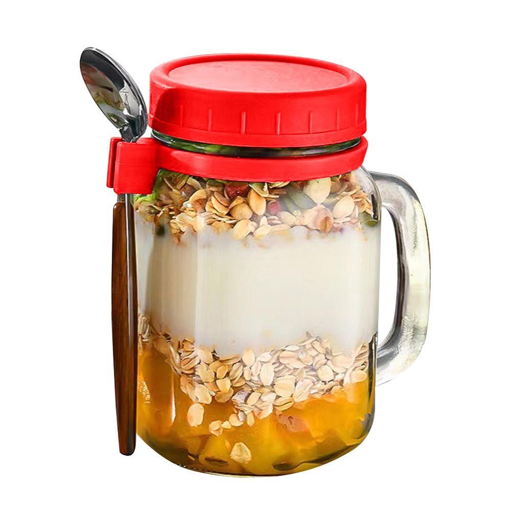 with Lids Spoons & Handle Yogurt Pot Glass Breakfast Jar Oats Container Overnight Oats Jars