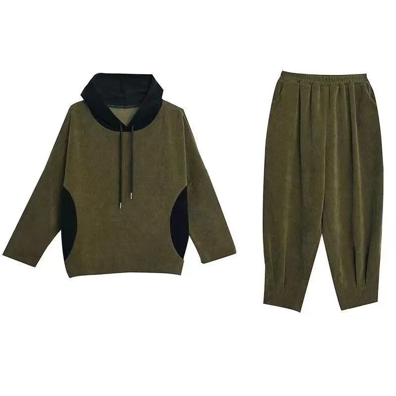 Повседневный модный костюм с капюшоном большого размера, осенний вельветовый костюм большого размера для полной мамы, облегающий повседневный костюм-двойка