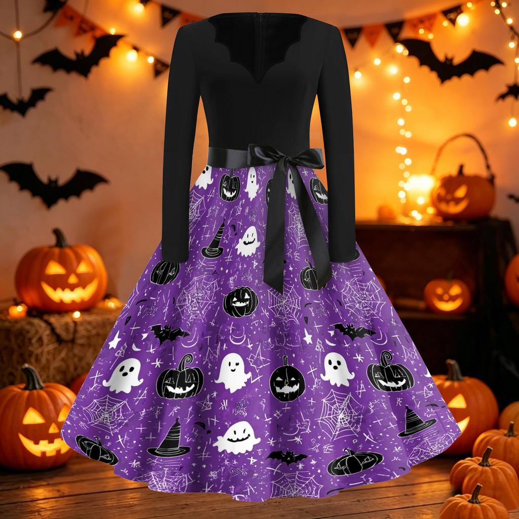 Women Casual Halloween Print V Neck Vintage Dress Long Sleeve Fit Flared Waist Tie Retro Style Swing Skirt Dress