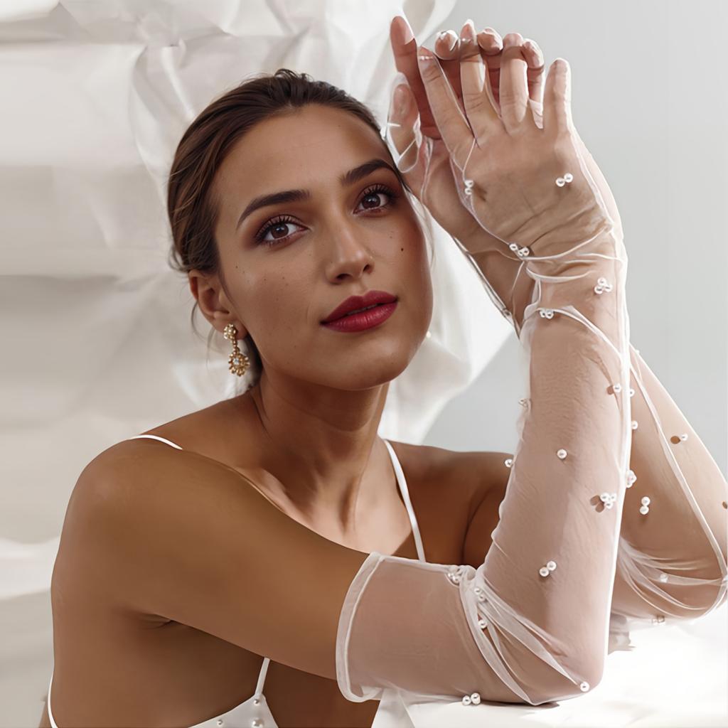 Винтажные прозрачные свадебные перчатки с жемчугом, длинные варежки до локтя, сетчатые нарукавники, женские вечерние аксессуары для свадебного платья, фото VPM07