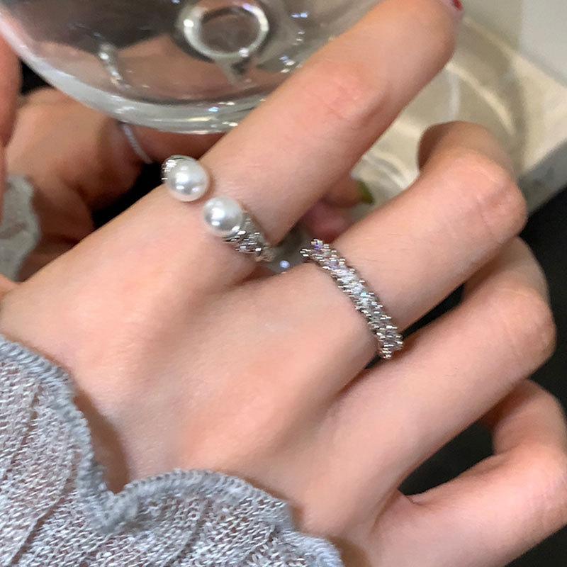 Light Luxury High-End Zircon Pearl Open Ring, Women'S Gentle Niche Fashion Temperament Commuting Versatile Ring Ring