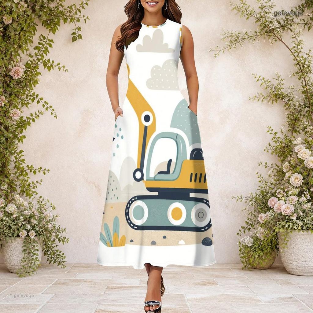 Women Plus Size Round Neck Sleeveless Cartoon Construction Vehicle Printed A Line Long Dress With Pockets