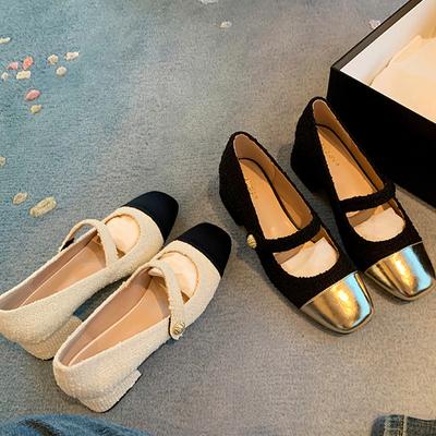 Туфли Мэри Джейн женские весенние новые шерстяные маленькие ароматные с цветным блоком на толстом среднем каблуке с круглым носком на толстом каблуке туфли-лодочки