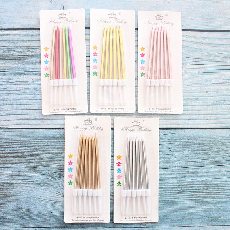 Креативные позолоченные свечи-карандаши для длинного торта на день рождения, 6 штук, романтические золотые и серебряные свечи для вечеринки с карточками для втыкания