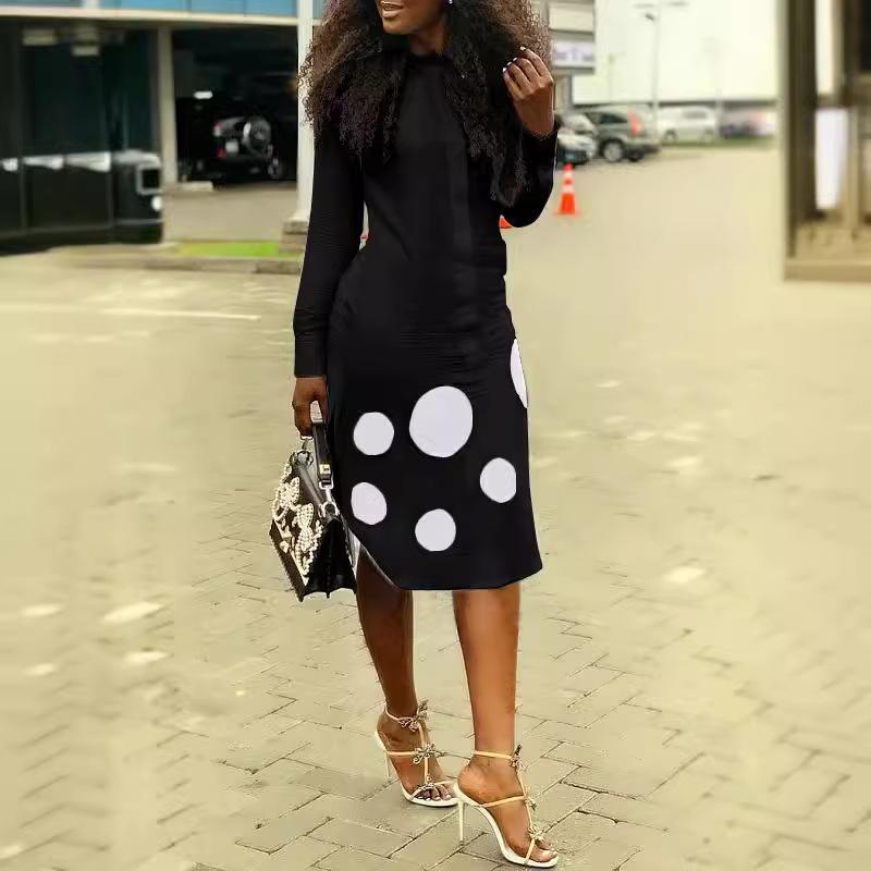Женское платье с принтом в горошек, повседневное офисное платье, элегантное облегающее платье миди с длинным рукавом