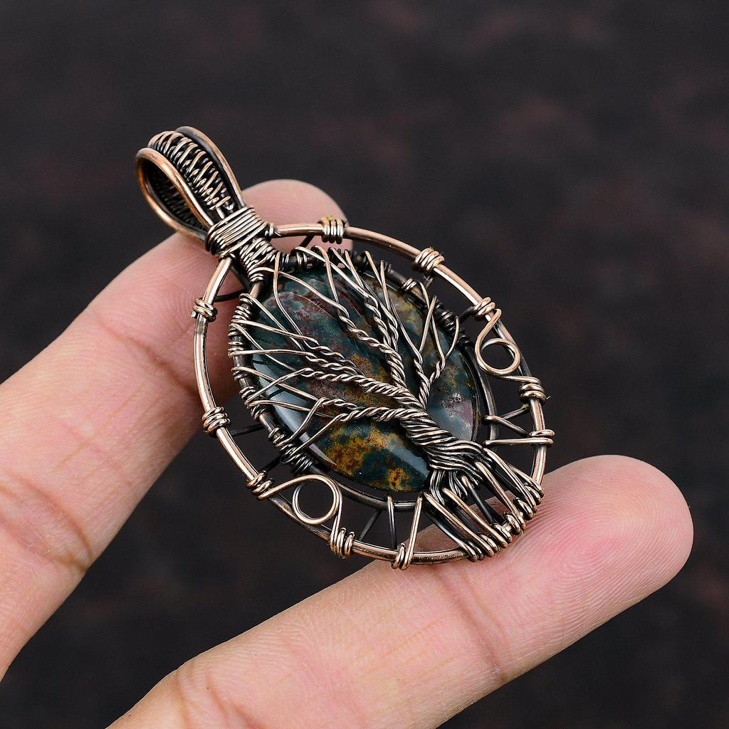 Подвеска из кровавого камня «Дерево жизни», подвеска из медной проволоки, подвеска из драгоценного камня, ювелирные изделия из меди, ювелирные изделия ручной работы, подарок на день рождения, элегантный кулон