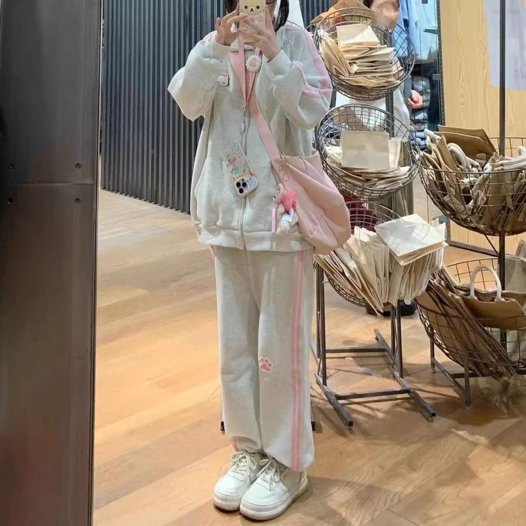 Japanese Fashion Kawaii Zipper Hoodie Set Women Harajuku Cute Pink Cat Embroidery Oversized Hooded Sweatshirt Set