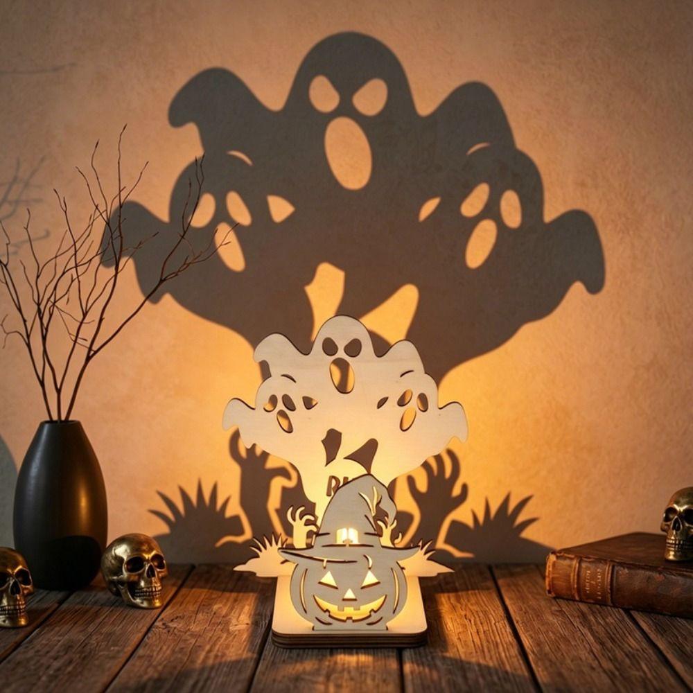 Wooden Material Shadow Projection Candle Holder Pumpkin Shadow Candlestick Halloween Party