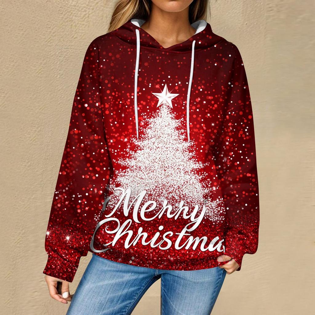 Женская повседневная мода рождественский принт длинный рукав пуловер толстовки с капюшоном свитшоты