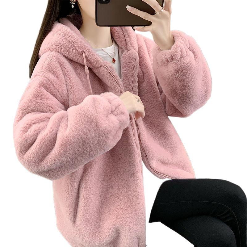 Женское зимнее пальто из искусственного меха средней длины с капюшоном, с утолщенной овчиной и свободного кроя