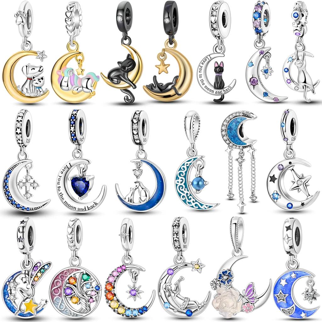 Fit Original Bracelet Copper Moon Series Charms Beads Inlaid Zirconium Luna Cat Dangle Pendants Diy Jewelry