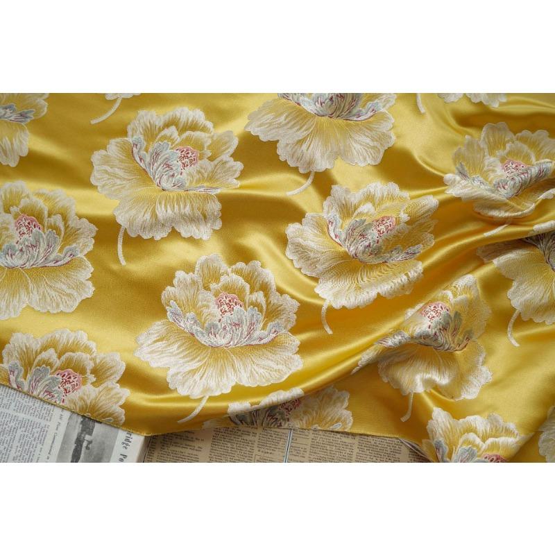 Отличительная винтажная пионовидная атмосфера Тан Чонсам Атласный жаккардовый стиль Текстура Ханьфу Атласный жилет Цвет плеча Тканые ткани