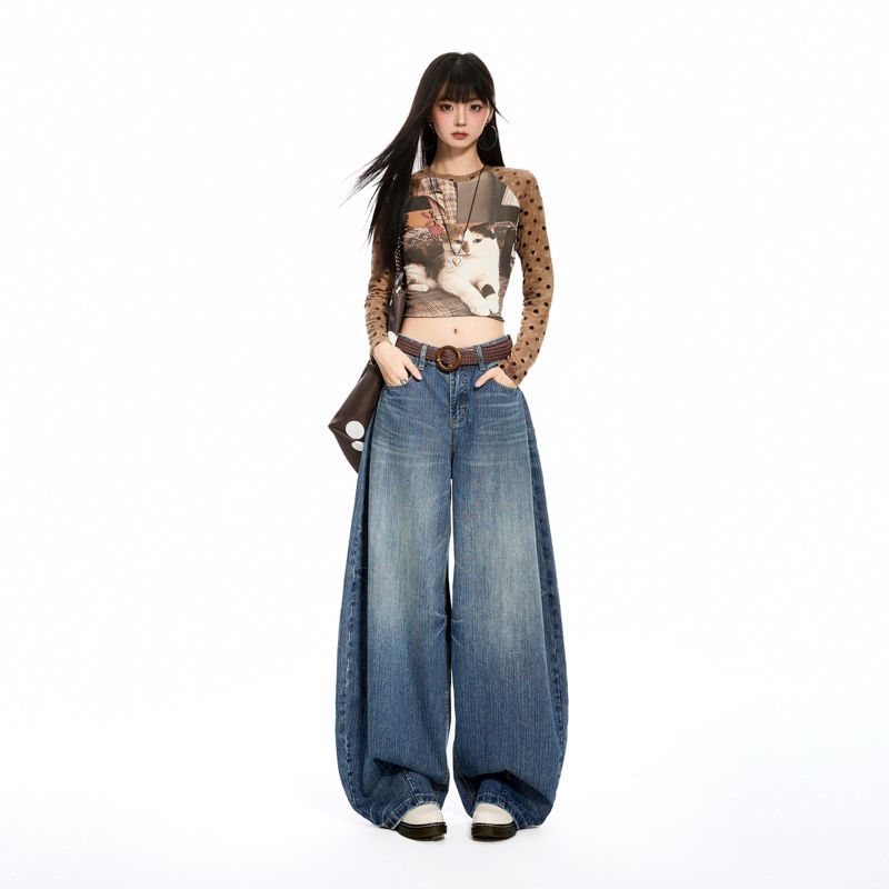 Autumn and winter new American retro washed bamboo jeans women's wide-leg scimitar pants