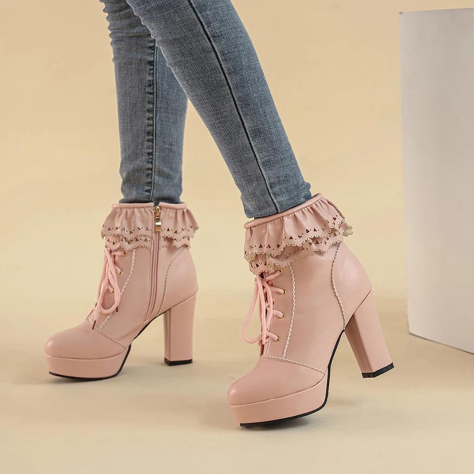 Женские ботильоны на шнуровке, женская обувь, милые кружевные ботинки в стиле Лолиты для косплея, женские ботинки на высоком каблуке, размер 43