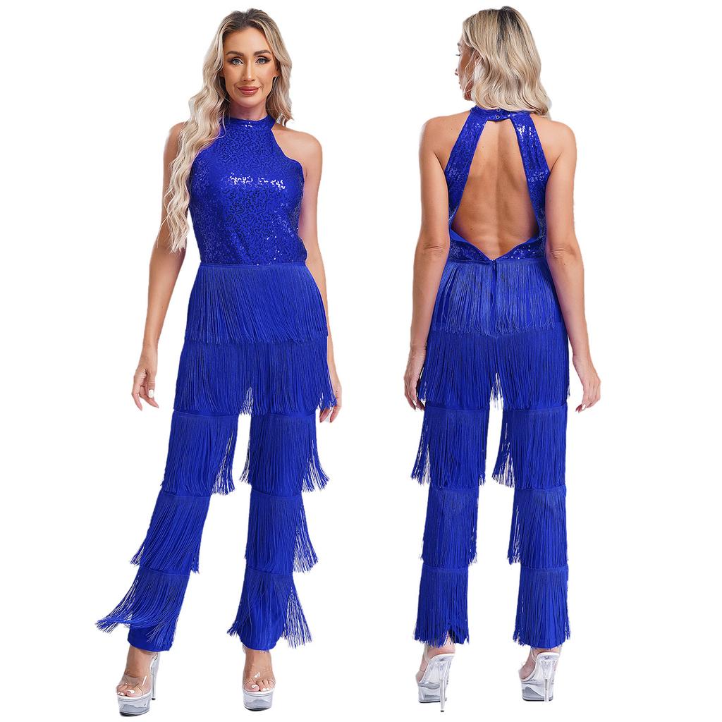 Women Sleeveless Jazz Costume Flowy Tassel Rompers Performance Dancewear Fringe Jumpsuit Tango Cha-Cha Samba Dancing Party Dress