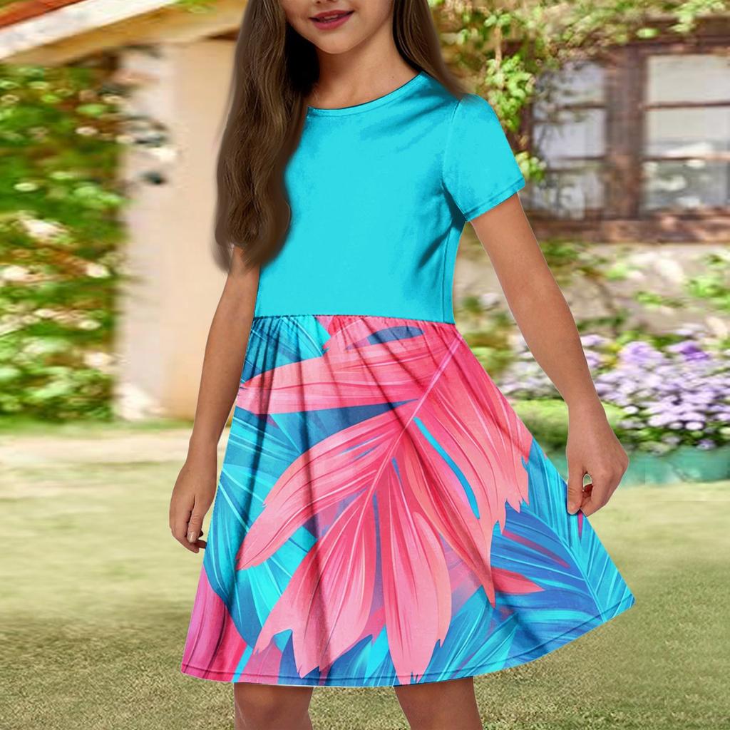 Летнее платье для девочек, однотонное платье без рукавов с принтом и карманом, повседневное платье, вечернее платье с короткими рукавами