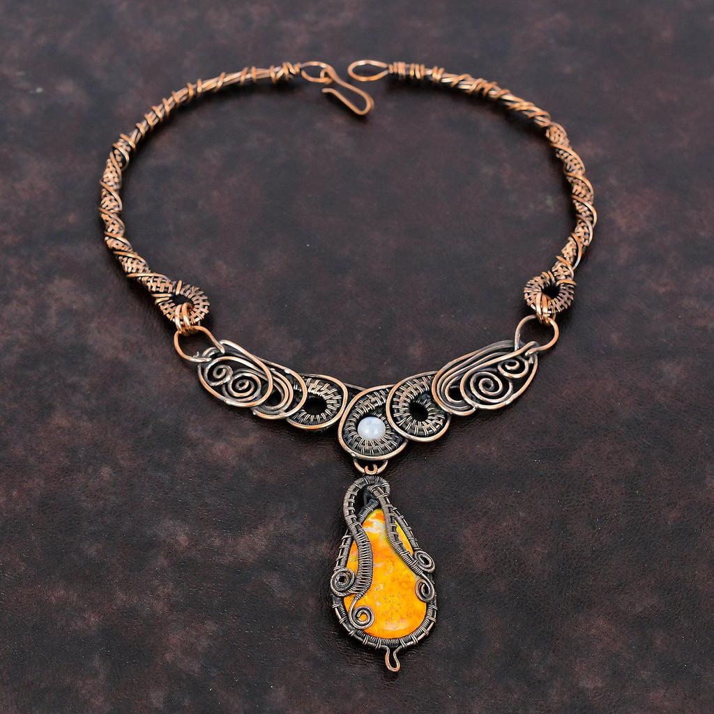 Bumble Bee Jasper Necklace Copper Wire Wrapped Necklace Rainbow Moonstone Necklace Handmade Gemstone Necklace Copper Jewelry Engagement Gift