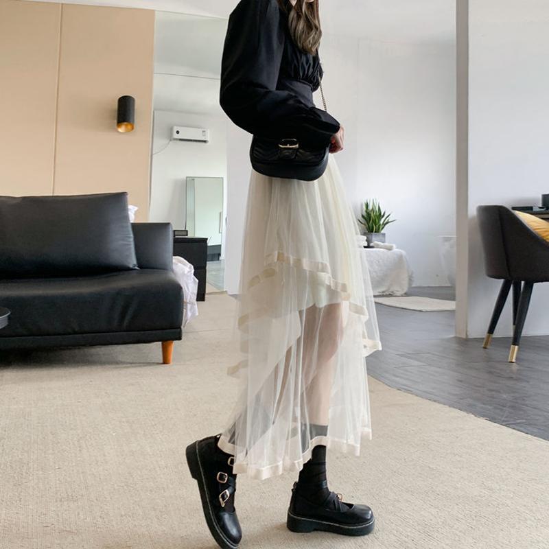 Женские юбки, однотонная корейская асимметричная сетчатая юбка, летние милые уютные свободные юбки, повседневная универсальная юбка с высокой талией