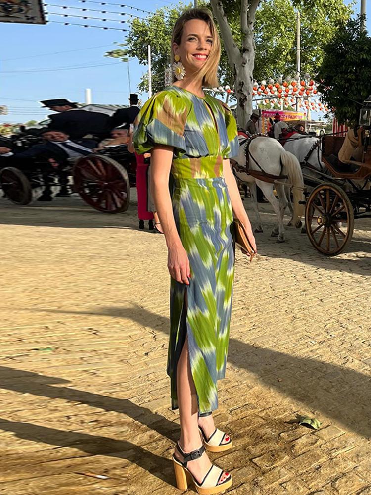 Платье миди с открытой спиной и шнуровкой, женское, шикарное, с вырезом-стойкой, рукавами-фонариками, разрезом, А-силуэтом, женское, праздничное платье