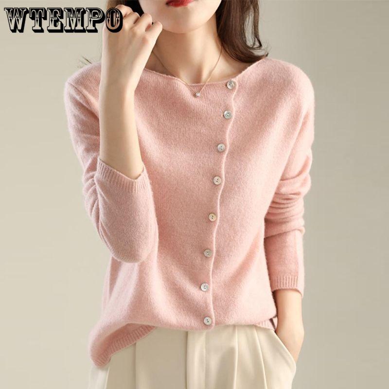 Женский свитер с длинным рукавом и круглым вырезом, пальто в базовом стиле, женский кардиган, вязаный джемпер, осень