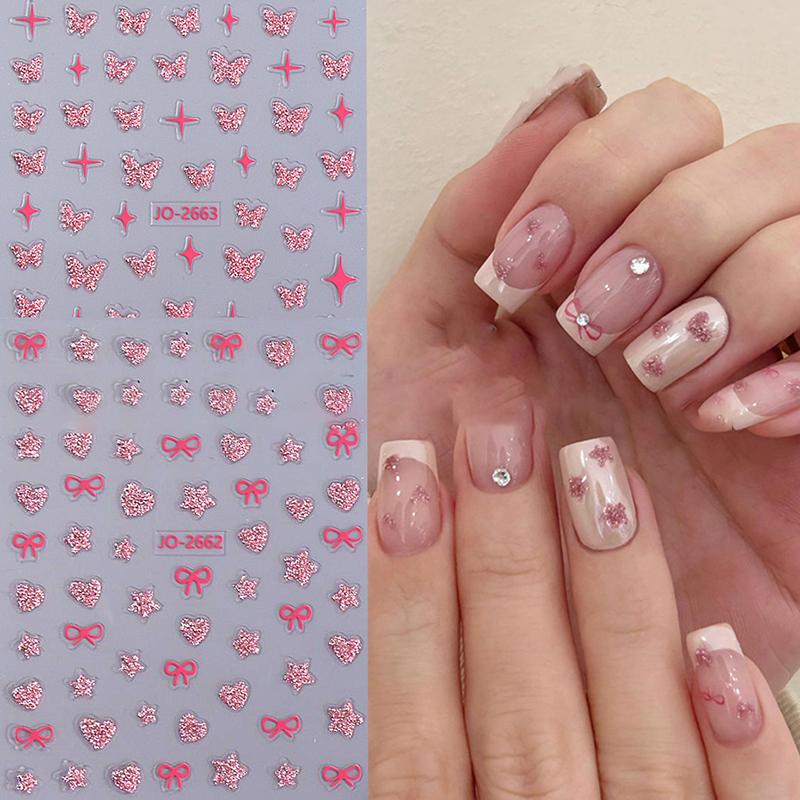 Розовая бабочка Бабочка Бант Наклейки для ногтей Блестящие лазерные 3D бабочки Наклейки для ногтей Клейкая бабочка