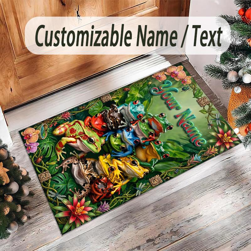 Frog Theme Crystal Velvet Floor Rug Personalized Custom Name Text Warm Carpet Home Decoration