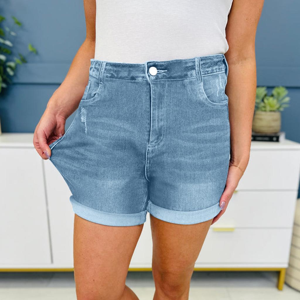 High Waist Elastic Waist Mid Length Shorts-Casual High Waisted Denim Shorts,Stretch Jean Shorts With Adorable Double Pockets