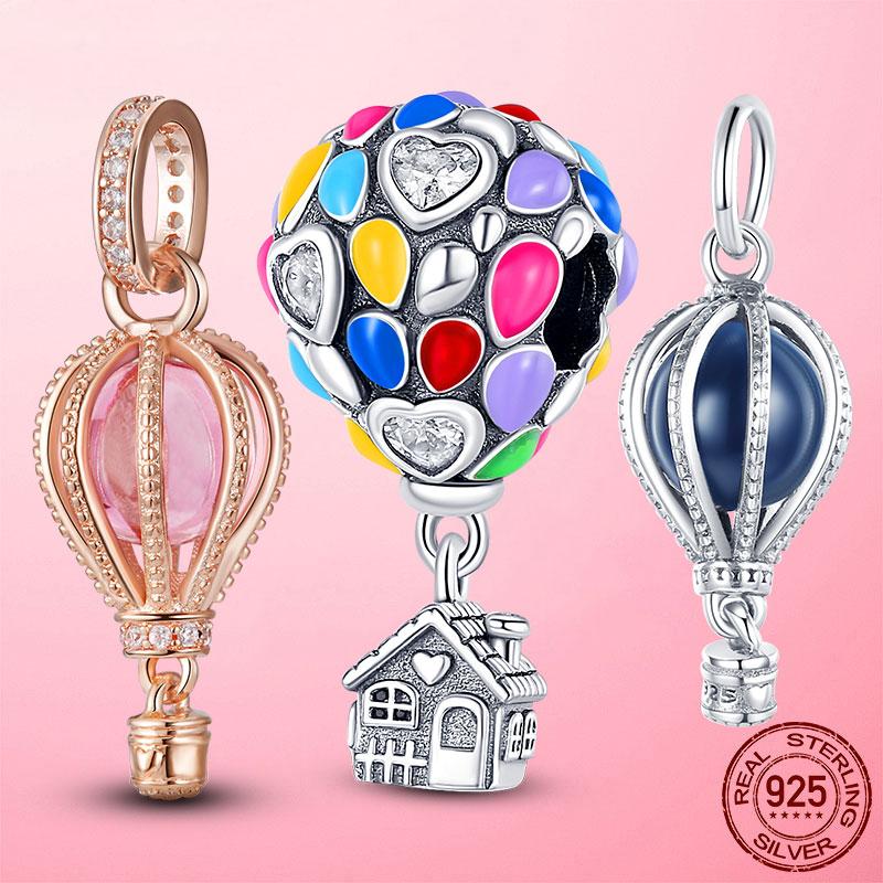 Travel Beads 925 Sterling Silver Pendant CZ Blue Pink Air Balloon Dangle Charm Fit Original Fashion Bracelet Fine Jewelry