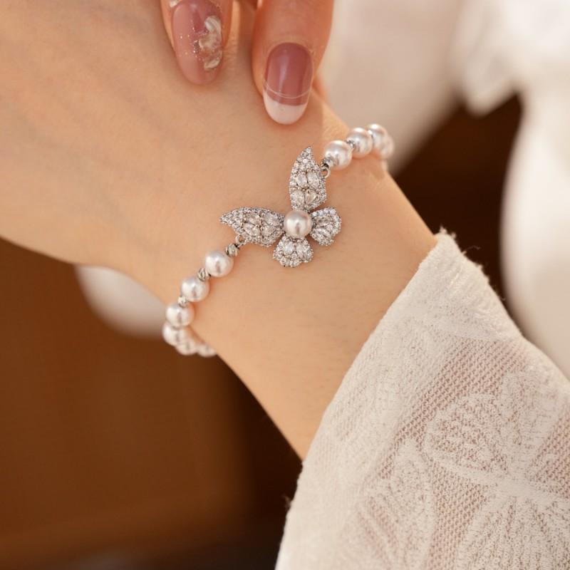 Elegant Butterfly Bracelet With Zirconia Accents Imitation Pearl Beads Pink Tone Womens Fashion Jewelry Office