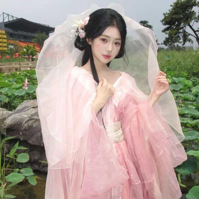 Womens Jin Dynasty Style Hanfu Set Pink Gradient Cloak Wide Sleeve Straight Ru With Inner Layers