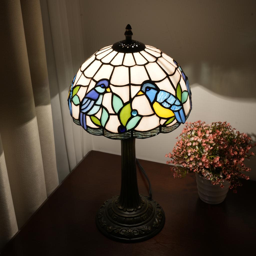 Vintage stained Glass Lampshade Desk Lamp - Robin Series Retro Art Deco Reading Study Bedroom Decorative Lighting