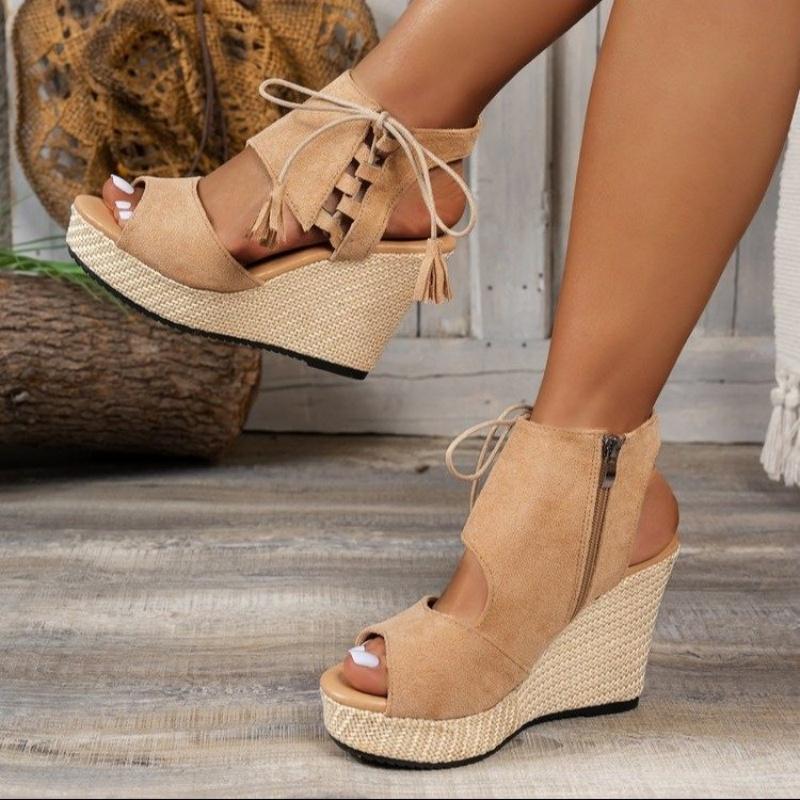 Модные новые женские сандалии на танкетке большого размера Весна/Лето 2025 с кисточками, на высоком каблуке, маффин, на толстой подошве и с открытым носком