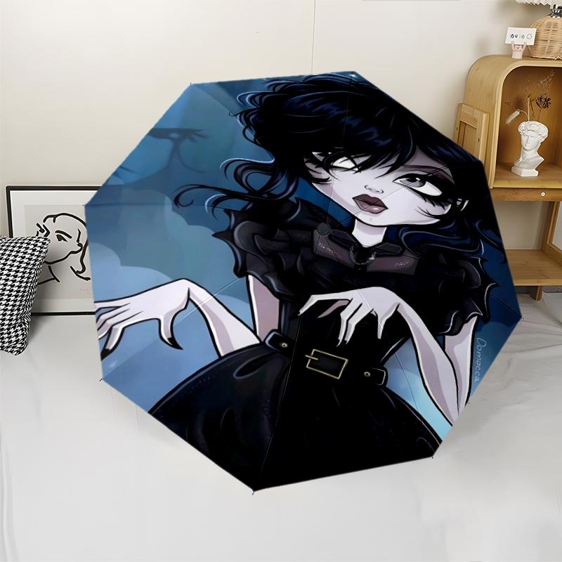 Wednesday Addams Print Automatic Umbrella, 8 Rib Iron Frame, Plastic Handle, Suitable for Outdoor Travel &Daily , Ideal Gift
