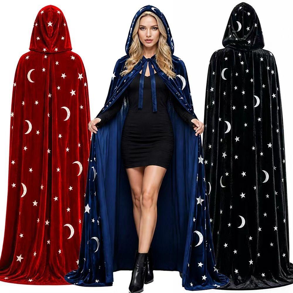with Oversized Hood Halloween Hooded Cloak Moon and Star Print Vintage Hooded Cape